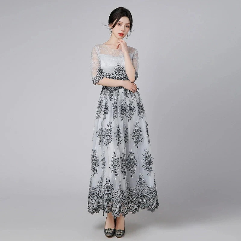 結婚式 ワンピース オケージョン パーティードレス イブニングドレス ロングドレス 袖あり 半袖 レース 発表会 演奏会 フォーマルドレス 同窓会 成人式 お呼ばれ 大きいサイズ 黒 グレー 秋