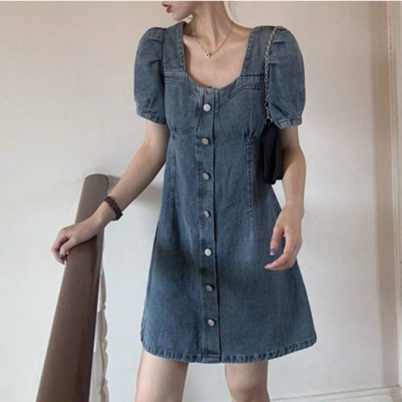 スカート ワンピース デニムワンピース ショート丈 袖あり 半袖 パフスリーブ スクエアネック Aライン かわいい 大人可愛い きれいめ シンプル カジュアル おしゃれ レトロ こなれ感 ラフ lon