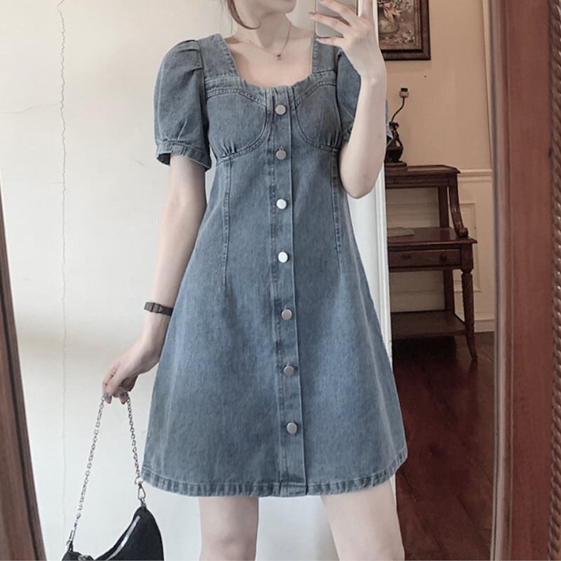スカート ワンピース デニムワンピース ショート丈 袖あり 半袖 パフスリーブ スクエアネック Aライン かわいい 大人可愛い きれいめ シンプル カジュアル おしゃれ レトロ こなれ感 ラフ lon