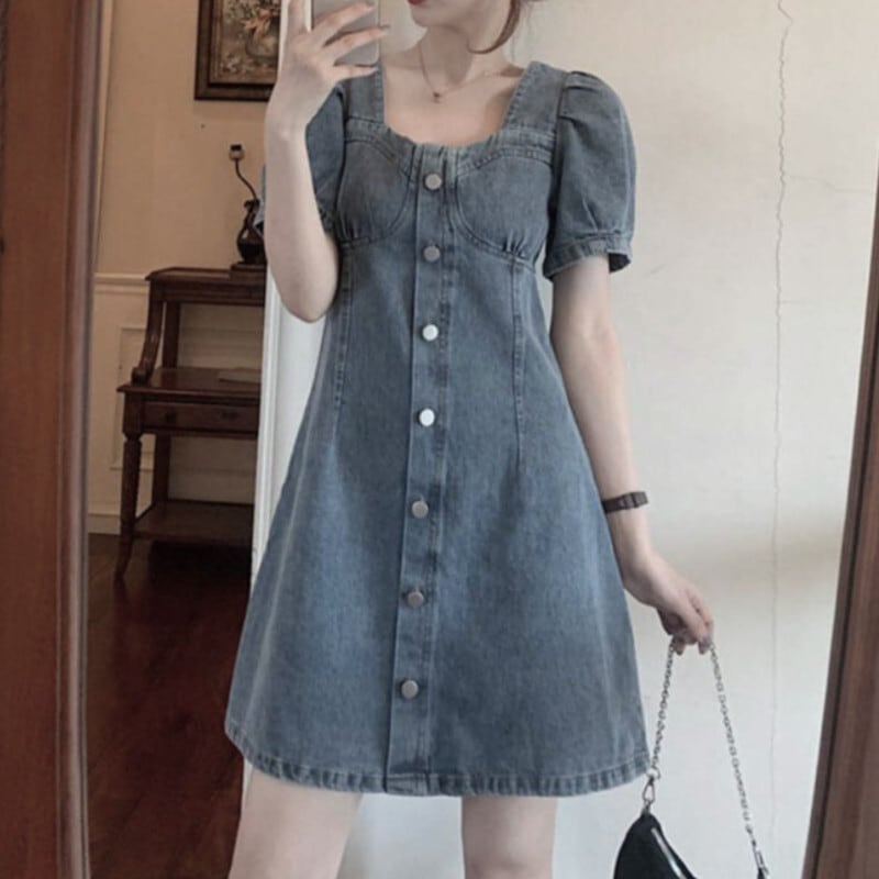 スカート ワンピース デニムワンピース ショート丈 袖あり 半袖 パフスリーブ スクエアネック Aライン かわいい 大人可愛い きれいめ シンプル カジュアル おしゃれ レトロ こなれ感 ラフ lon