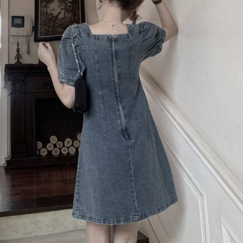 スカート ワンピース デニムワンピース ショート丈 袖あり 半袖 パフスリーブ スクエアネック Aライン かわいい 大人可愛い きれいめ シンプル カジュアル おしゃれ レトロ こなれ感 ラフ lon