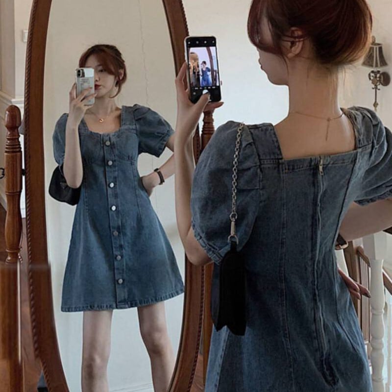 スカート ワンピース デニムワンピース ショート丈 袖あり 半袖 パフスリーブ スクエアネック Aライン かわいい 大人可愛い きれいめ シンプル カジュアル おしゃれ レトロ こなれ感 ラフ lon