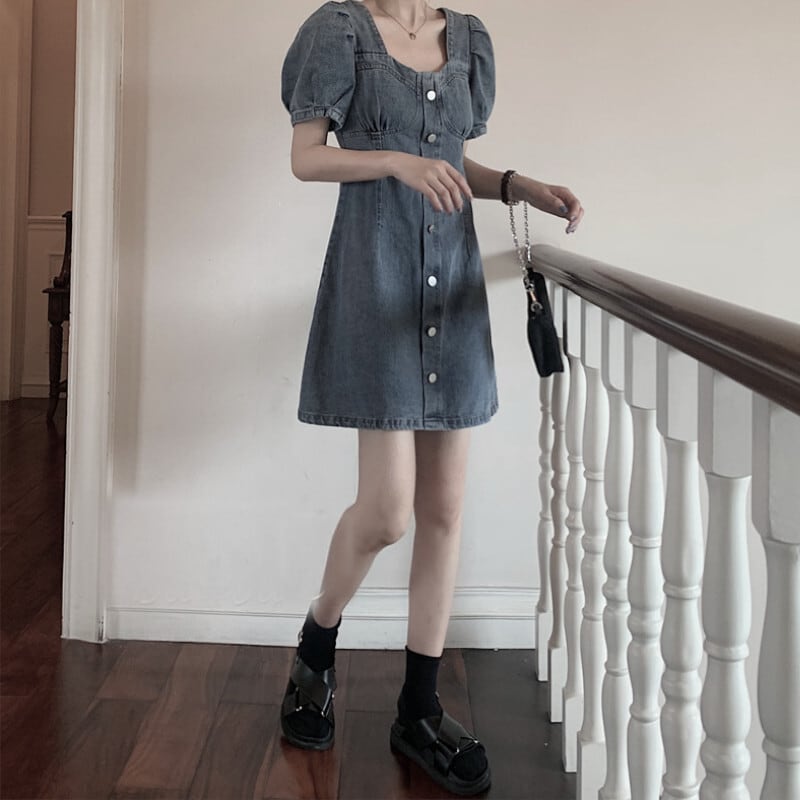 スカート ワンピース デニムワンピース ショート丈 袖あり 半袖 パフスリーブ スクエアネック Aライン かわいい 大人可愛い きれいめ シンプル カジュアル おしゃれ レトロ こなれ感 ラフ lon