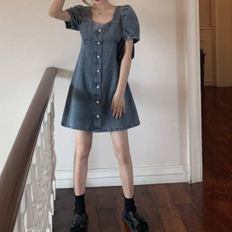 スカート ワンピース デニムワンピース ショート丈 袖あり 半袖 パフスリーブ スクエアネック Aライン かわいい 大人可愛い きれいめ シンプル カジュアル おしゃれ レトロ こなれ感 ラフ lon