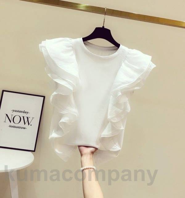 フリル トップス レディース フリル袖 半袖 フレンチスリーブ シャツ ブラウス クルーネック カットソー 大きいサイズ 白 黒 カジュアル 可愛い 韓国 ファッション 大人可愛い km