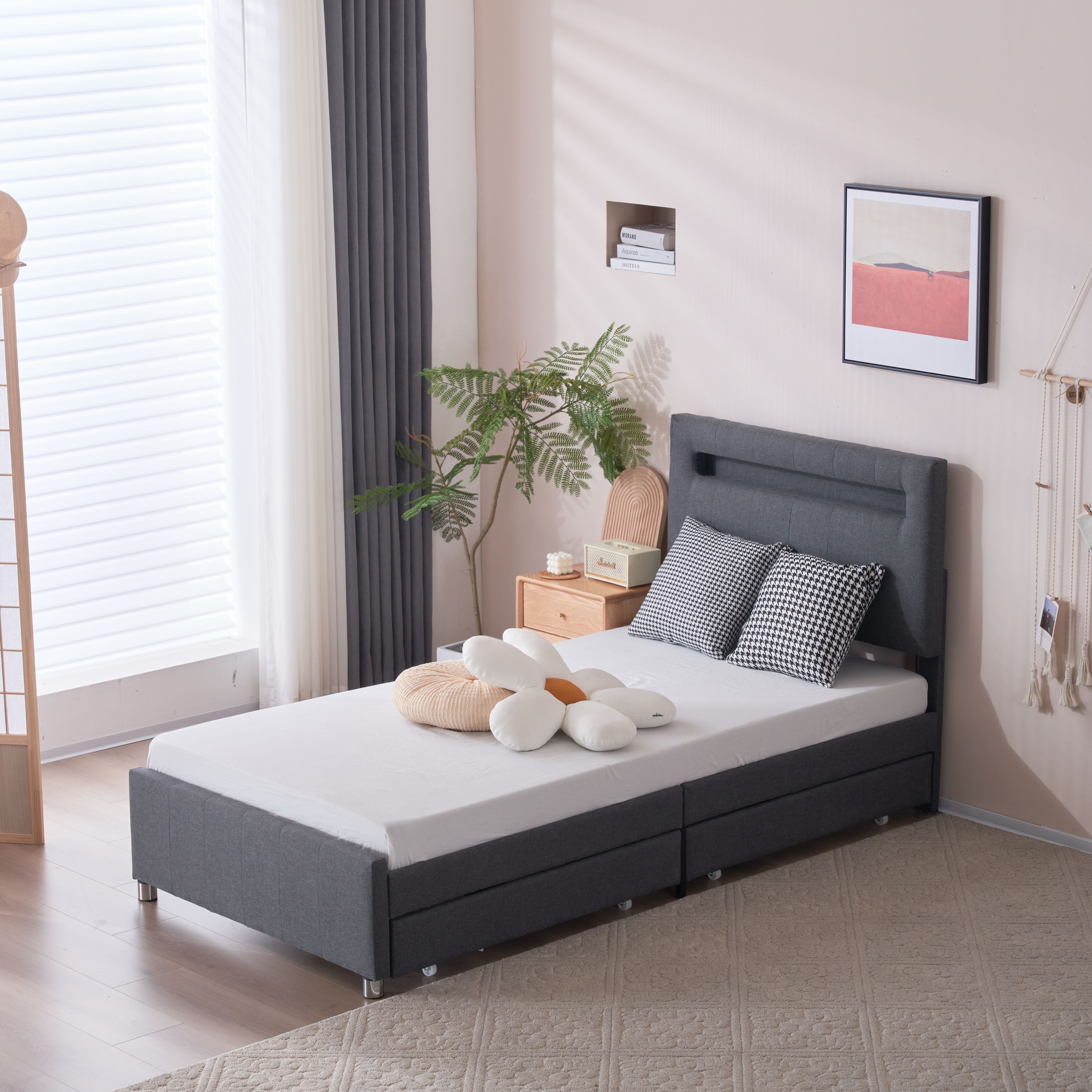 ファブリックベッド シングル おしゃれグレー 収納付き