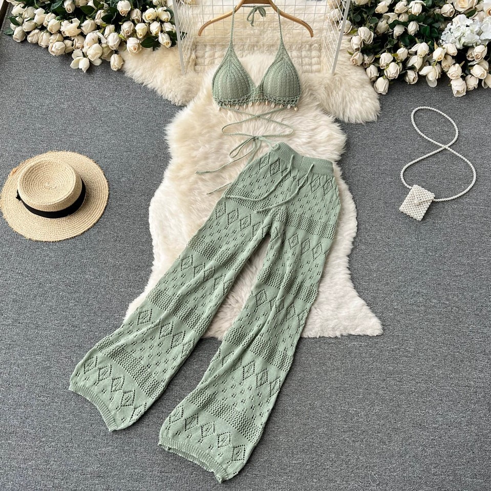 セットアップ ズボン ストレートパンツ ロング丈 袖なし ホルターネック スリム ストレート Iライン ハイウエスト 編み込み 透け感 薄手 上下セット 2点セット かわいい 大人可愛い きれいめ セットアップ ズボン ストレートパンツ ロング丈 袖なし ホルターネック スリム ストレート Iライン ハイウエスト 編み込み 透け感 薄手 上下セット 2点セット かわいい 大人可愛い きれいめ