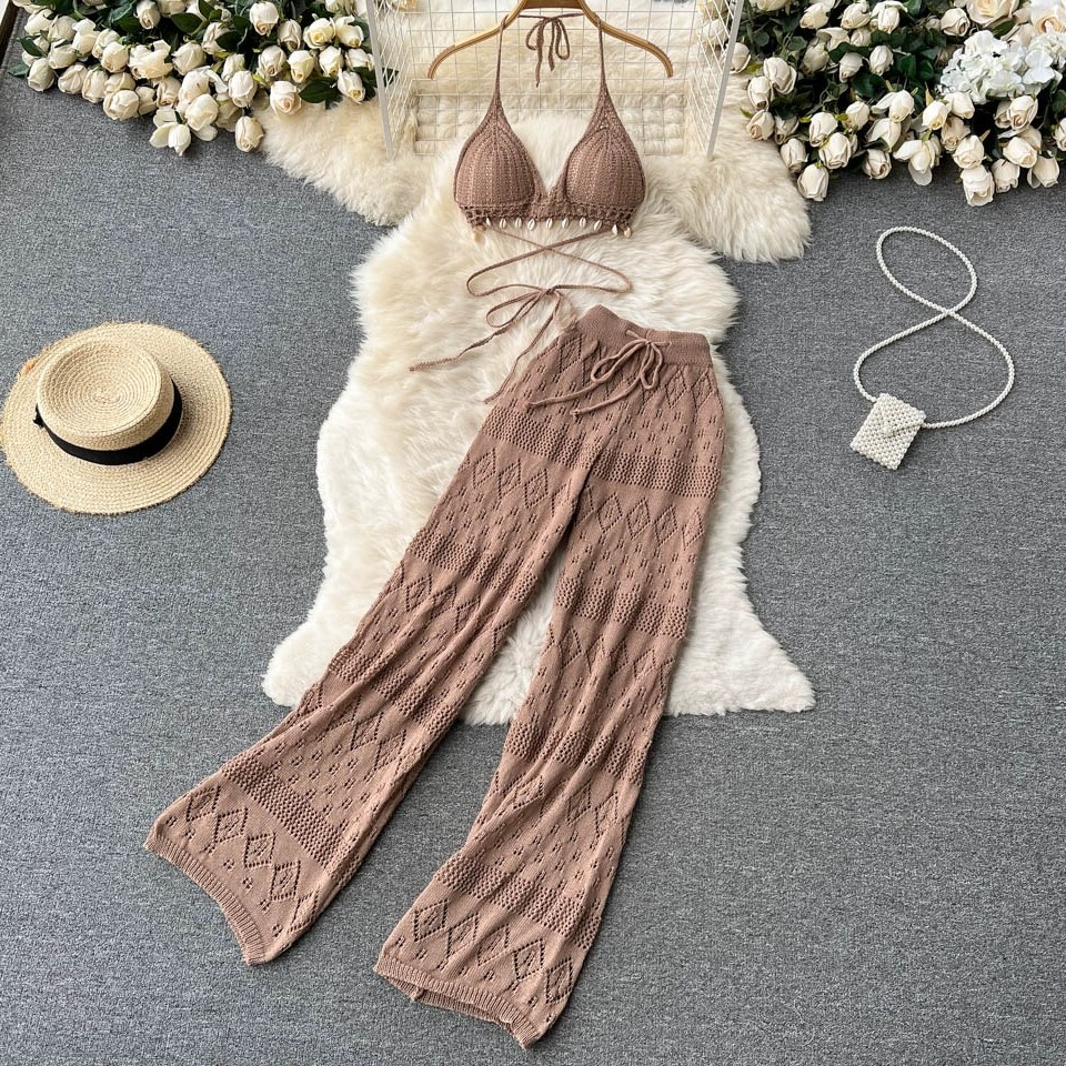 セットアップ ズボン ストレートパンツ ロング丈 袖なし ホルターネック スリム ストレート Iライン ハイウエスト 編み込み 透け感 薄手 上下セット 2点セット かわいい 大人可愛い きれいめ セットアップ ズボン ストレートパンツ ロング丈 袖なし ホルターネック スリム ストレート Iライン ハイウエスト 編み込み 透け感 薄手 上下セット 2点セット かわいい 大人可愛い きれいめ