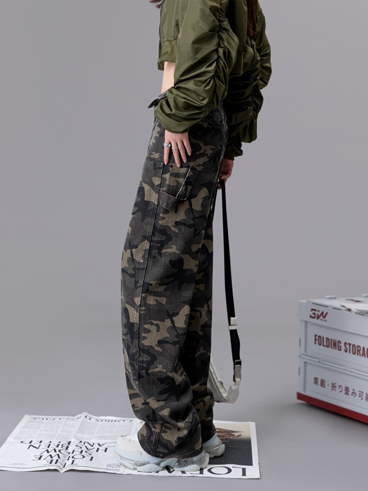 迷彩柄カジュアルジーンズレディース春ワークパンツストレートミlリタリーグリーンデザインハイストリートワイドパンツインスタイド 迷彩柄カジュアルジーンズレディース春ワークパンツストレートミlリタリーグリーンデザインハイストリートワイドパンツインスタイド