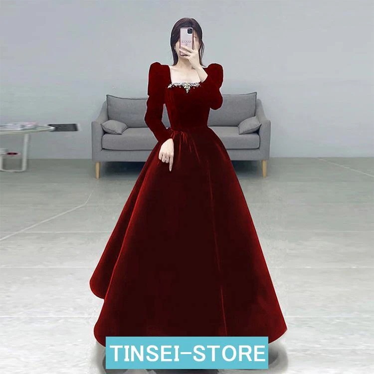 イブニングドレス ベロア ベルベット ワイン赤 ブラック ロングドレス パーティードレス 発表会ドレス お呼ばれドレス 成人式ドレス 黒 ワインレッド ロング