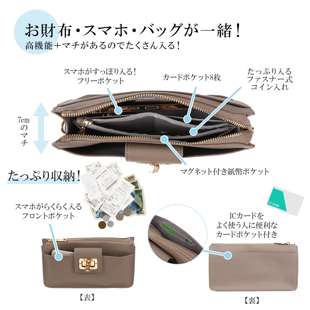 バンブー捻り金具ウォレットバッグ お財布ポシェット ポシェット財布 ショルダー財布 クラッチ 海外旅行 ギフト