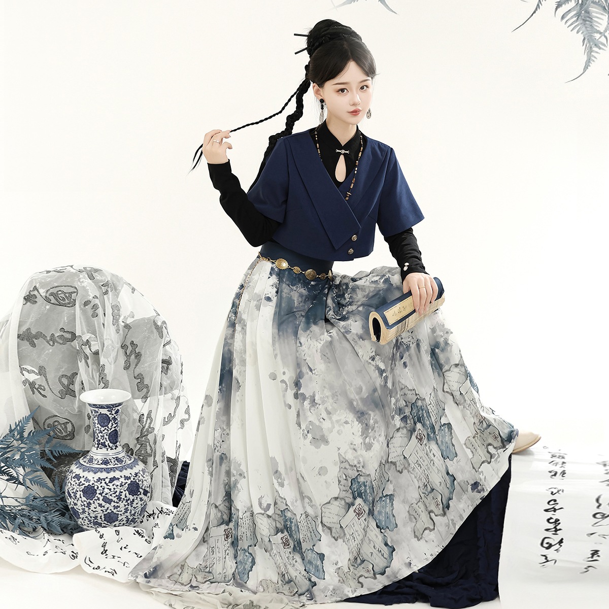 正規品本は新しい韓国改良cos服水墨書道馬スカート女性秋を引きます 正規品本は新しい韓国改良cos服水墨書道馬スカート女性秋を引きます