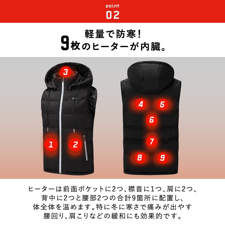 ヒーターベスト ヒートベスト バッテリー付き フード付き 電熱ベスト 大きいサイズ アウトドア 防寒