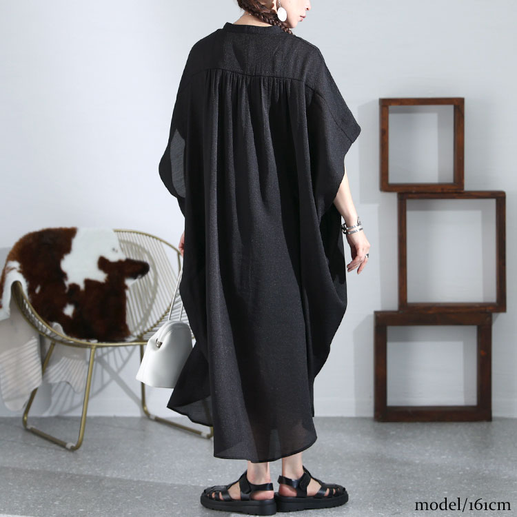 大きいサイズ レディース ワンピース ドルマンロングワンピース ワンピ シャツワンピース ロング 五分袖 半袖 キーネック ドルマン ポケット ギャザー 切替え ボタン 羽織り シンプル ベーシック