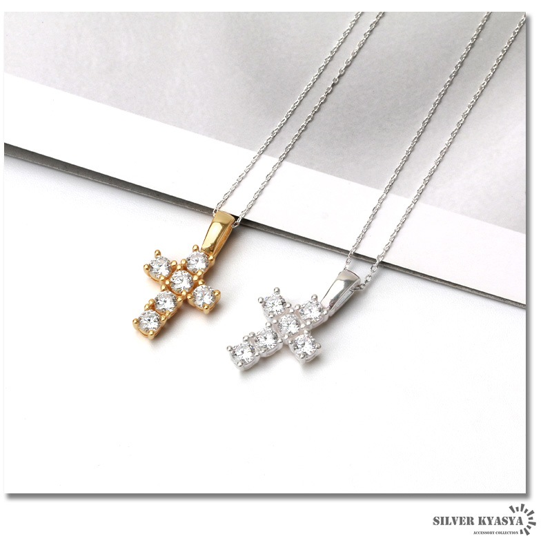 925 大粒ジルコニアクロスネックレス [ns105]