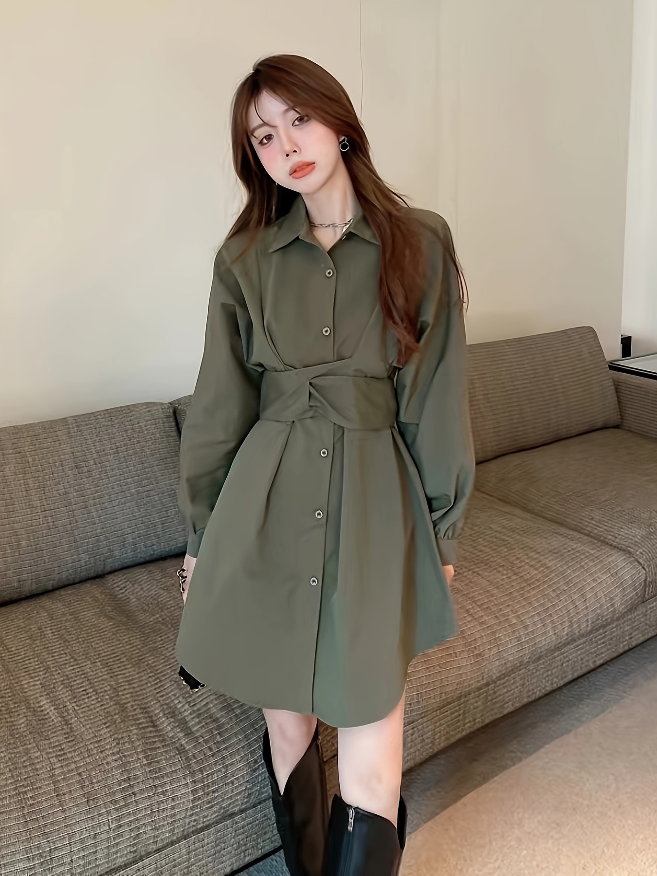 無地カラー クロス タイバック ドレスエレガントな 長袖 シングルブレスト ドレス 春秋用レディース服 無地カラー クロス タイバック ドレスエレガントな 長袖 シングルブレスト ドレス 春秋用レディース服