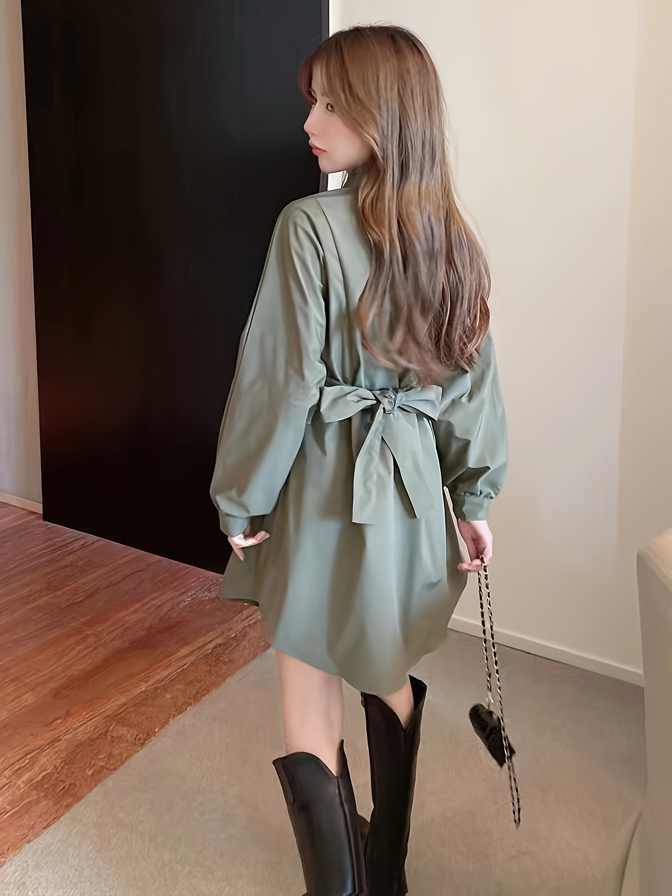 無地カラー クロス タイバック ドレスエレガントな 長袖 シングルブレスト ドレス 春秋用レディース服 無地カラー クロス タイバック ドレスエレガントな 長袖 シングルブレスト ドレス 春秋用レディース服