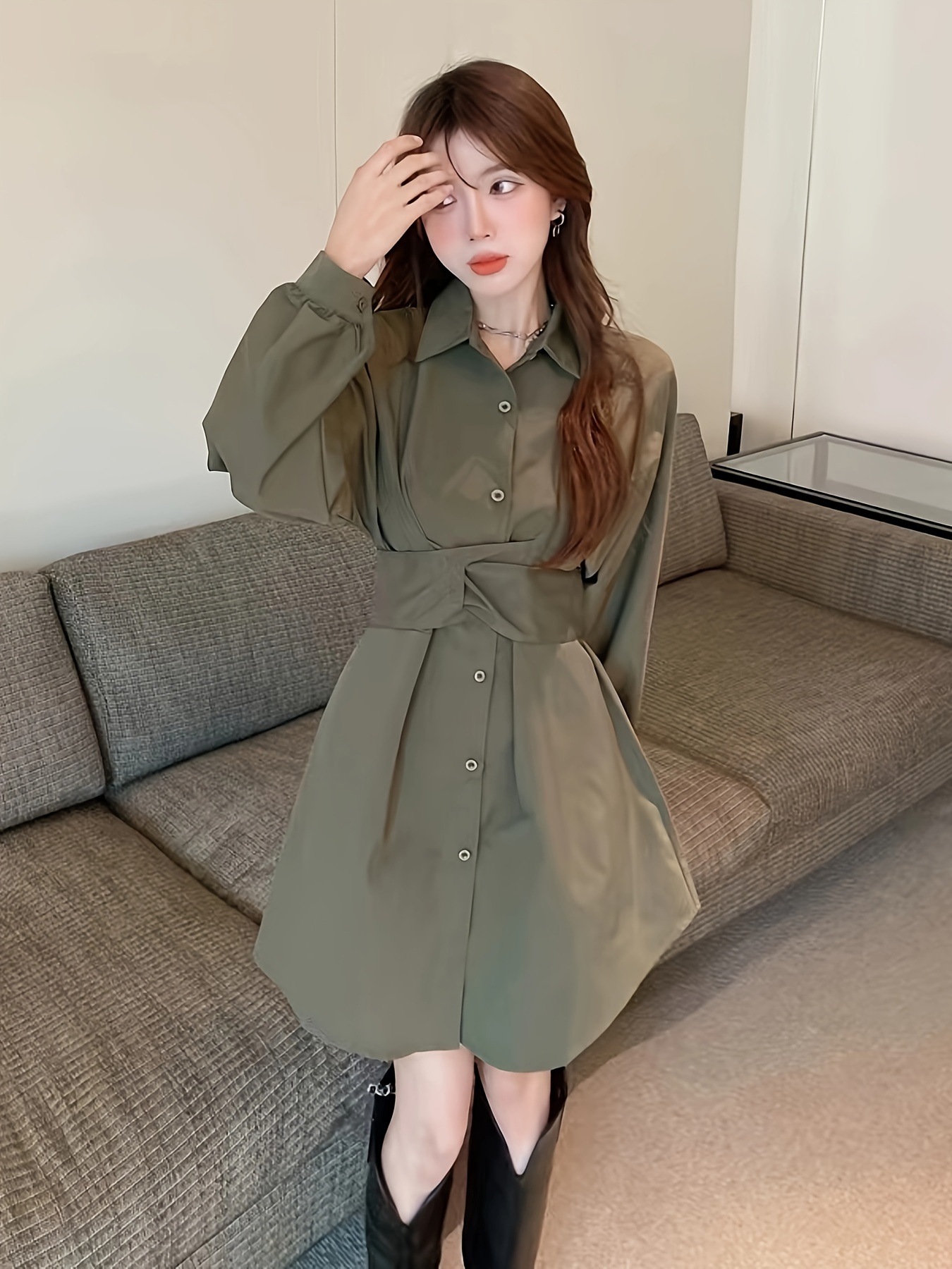 無地カラー クロス タイバック ドレスエレガントな 長袖 シングルブレスト ドレス 春秋用レディース服 無地カラー クロス タイバック ドレスエレガントな 長袖 シングルブレスト ドレス 春秋用レディース服