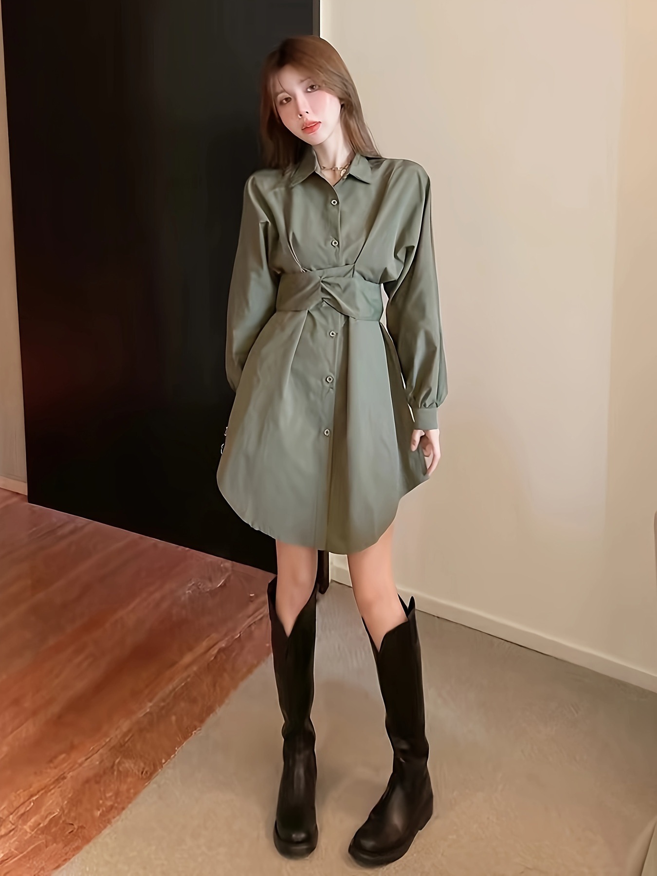 無地カラー クロス タイバック ドレスエレガントな 長袖 シングルブレスト ドレス 春秋用レディース服 無地カラー クロス タイバック ドレスエレガントな 長袖 シングルブレスト ドレス 春秋用レディース服