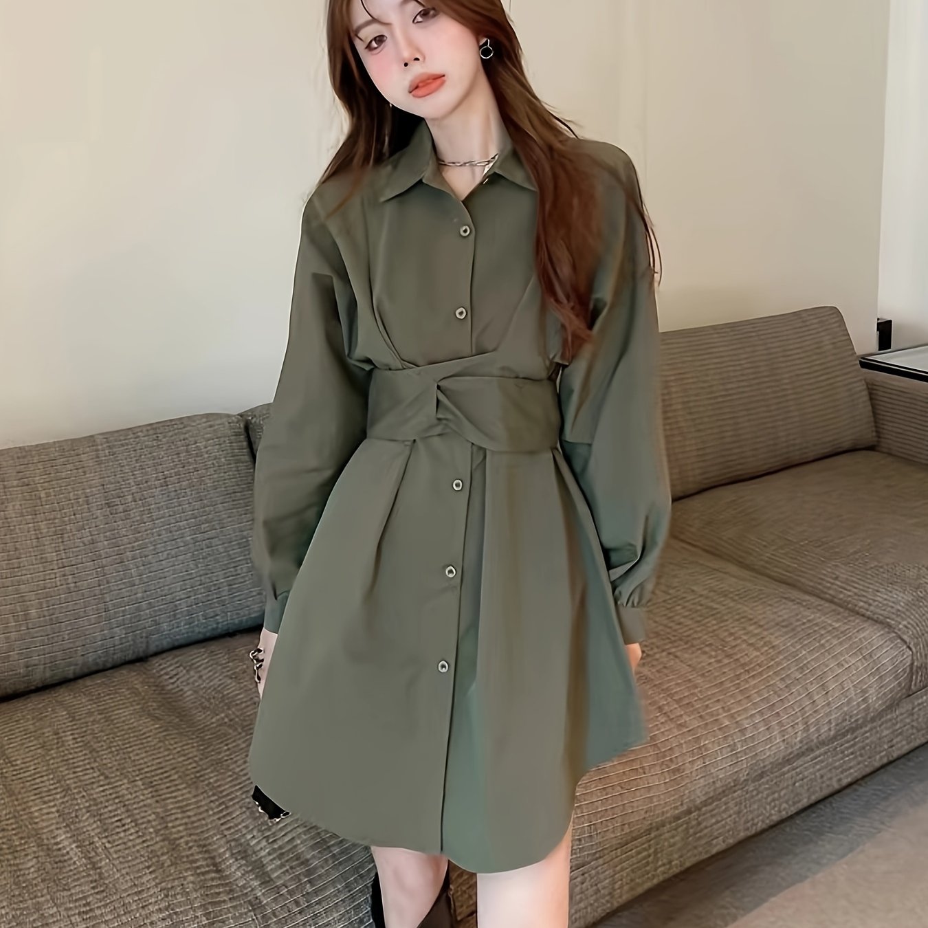 無地カラー クロス タイバック ドレスエレガントな 長袖 シングルブレスト ドレス 春秋用レディース服 無地カラー クロス タイバック ドレスエレガントな 長袖 シングルブレスト ドレス 春秋用レディース服