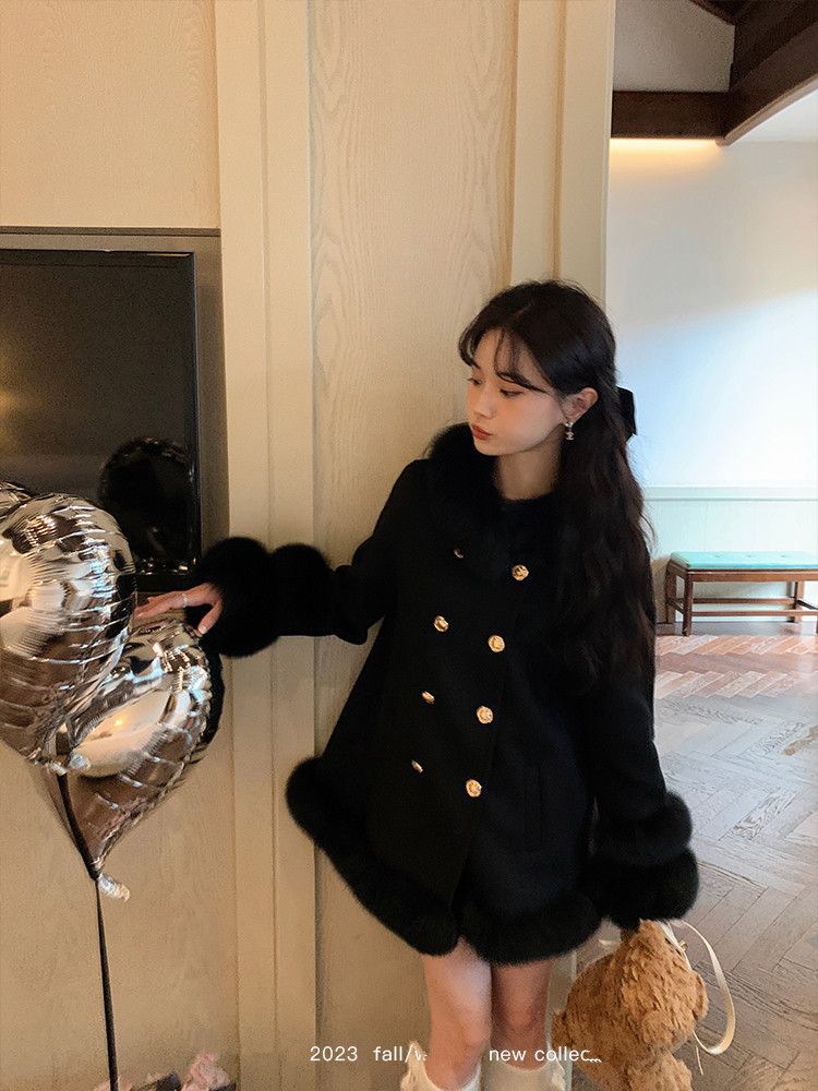 クリスマス秋冬キツネの毛をかたどったジョイント2024新型ダブルバックル厚手のラシャコート クリスマス秋冬キツネの毛をかたどったジョイント2024新型ダブルバックル厚手のラシャコート