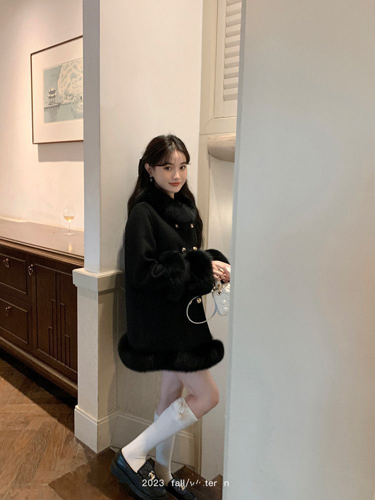 クリスマス秋冬キツネの毛をかたどったジョイント2024新型ダブルバックル厚手のラシャコート クリスマス秋冬キツネの毛をかたどったジョイント2024新型ダブルバックル厚手のラシャコート