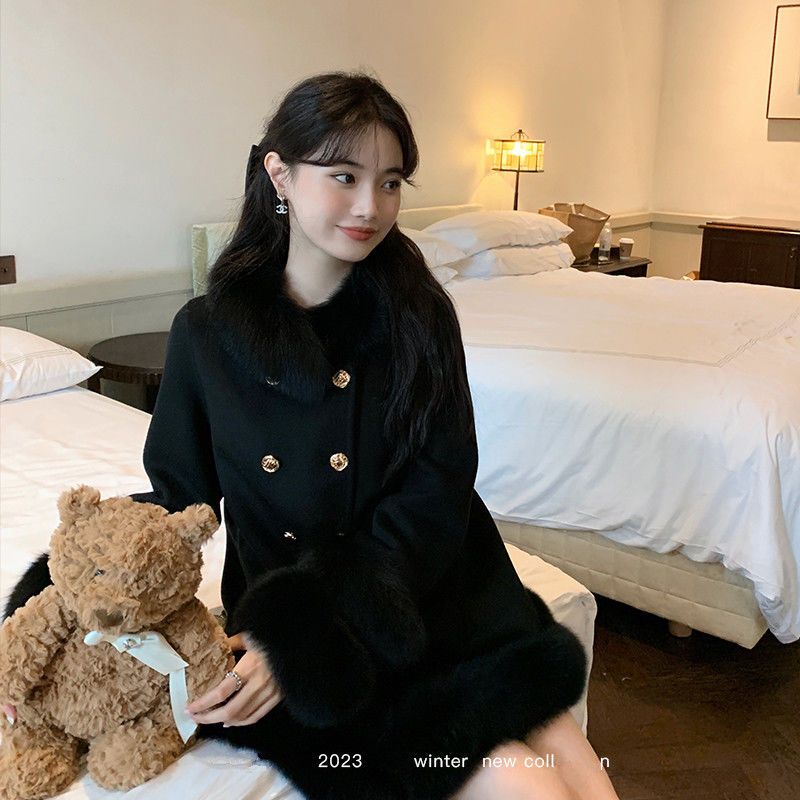 クリスマス秋冬キツネの毛をかたどったジョイント2024新型ダブルバックル厚手のラシャコート クリスマス秋冬キツネの毛をかたどったジョイント2024新型ダブルバックル厚手のラシャコート