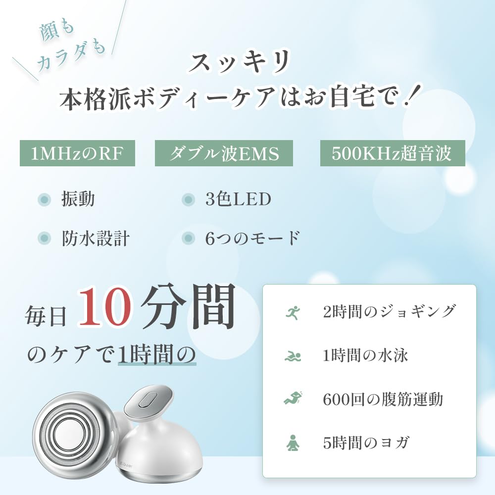 Kiboer 美顔器 RF美顔器 トータルケア フェイス ボディ 太もも 超音波 RF EMS 振動 LED搭載 1台多役 6種類モード 3段階強さ スキンケア 全身エステ IPX6防水 敬老の日 母