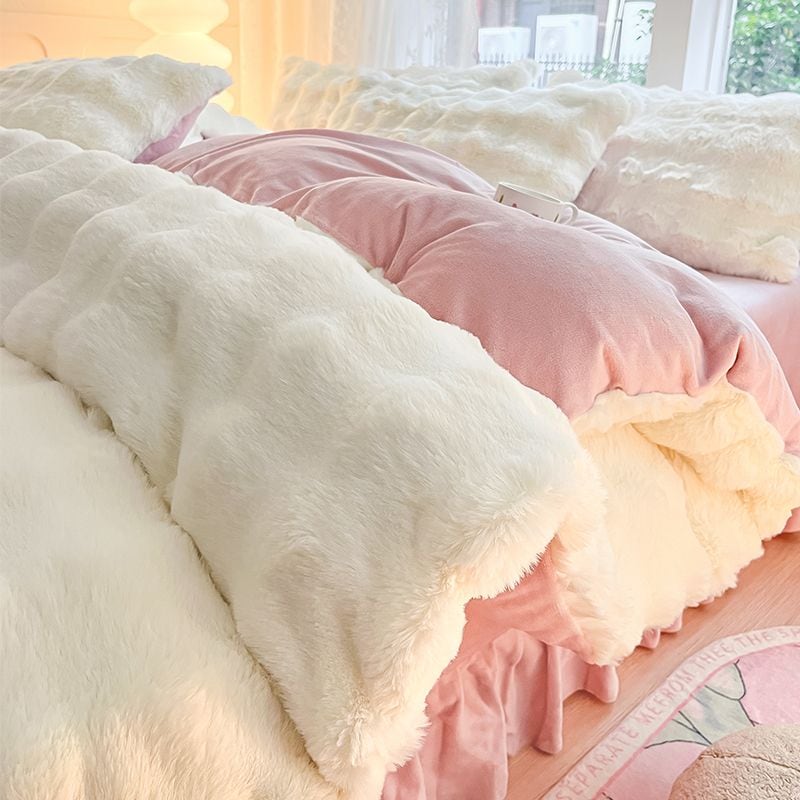 クラスaウサギぬいぐるみベッド4点セット増粘ミルクベルベットベッドシーツと掛け布団カバー3点セットフランネル両面コーラルベルベット