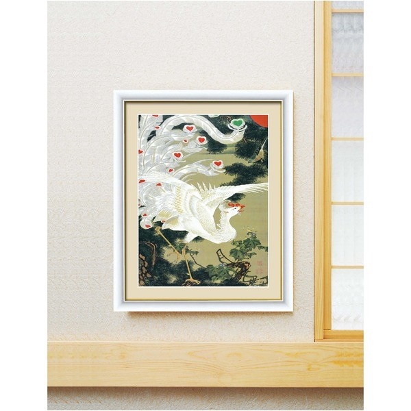 若冲 鳳凰 旭日][動植綵絵額]群鶏/白鳳/鶏伊藤若冲 額装品（白