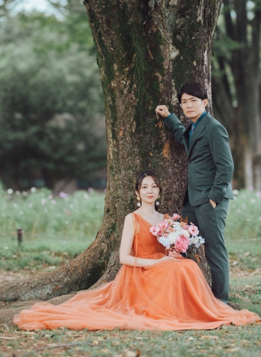 実例写真！カラードレス テラコッタ色 Vネック キャミソール チュールドレス 編み上げ 披露宴 前撮り