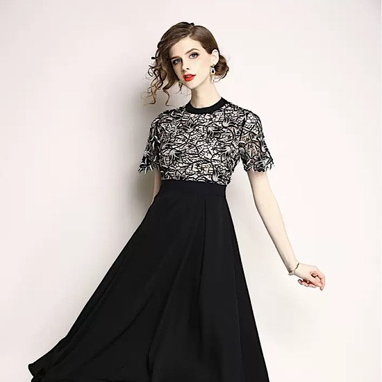 【取寄：納期2週間】結婚式ドレス バイカラー 切り替え ラウンドネック 発表会 演奏会 レディース フレアドレス 結婚式 ステージ衣装 半袖 ミモレ丈 エレガント ウエディングドレス