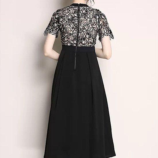 【取寄：納期2週間】結婚式ドレス バイカラー 切り替え ラウンドネック 発表会 演奏会 レディース フレアドレス 結婚式 ステージ衣装 半袖 ミモレ丈 エレガント ウエディングドレス