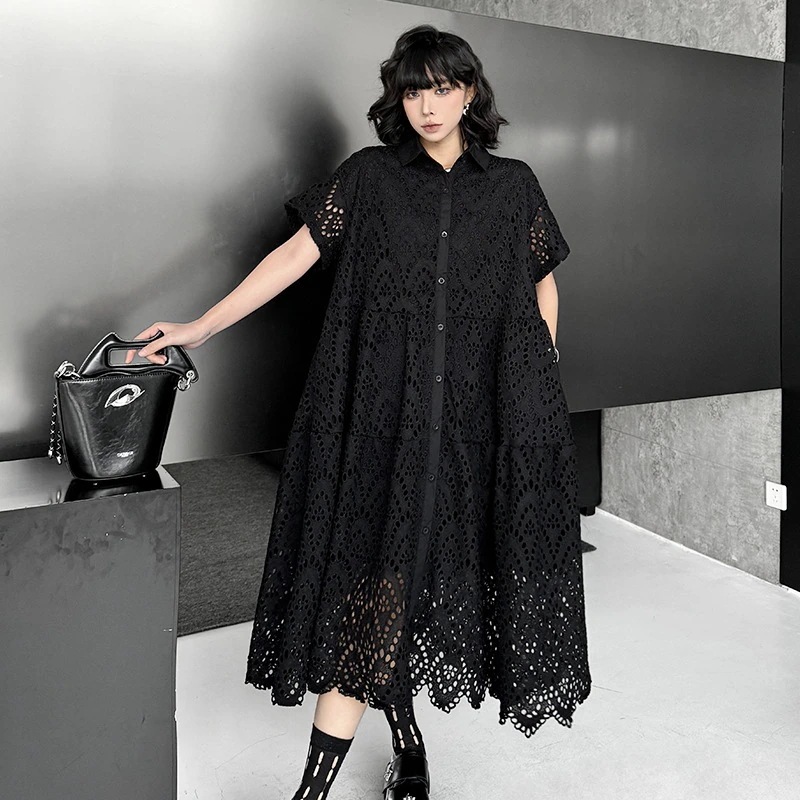 JFashion25新作ワンピース レディース レース透かし彫りデザイン ロングワンピース ゆったり大きいサイズ体型カバー カーディガン半袖 Tシャツワンピース メガ割