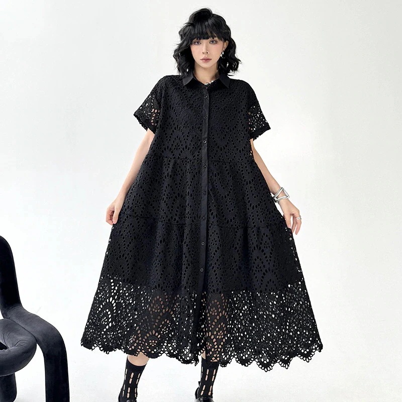 JFashion25新作ワンピース レディース レース透かし彫りデザイン ロングワンピース ゆったり大きいサイズ体型カバー カーディガン半袖 Tシャツワンピース メガ割