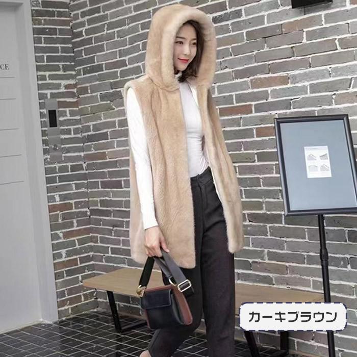 ベスト レディース エコファーベスト ジレ ロングベスト 前開き 前ファスナー 秋冬 フード付き 大きいサイズ ブラック 黒 暖かい もこもこ モコモコ アウター 厚手 オーバーサイズ ノーカラー