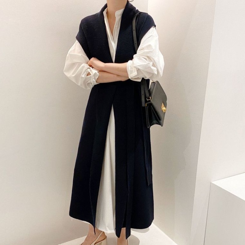 ワンピース デート かわいい 大人可愛い きれいめ シンプル カジュアル 大人 上品 おしゃれ ジレ ベスト ロング丈 長袖シャツ 襟付き 秋 春 無地 ニット ウエストマーク 通勤 通学 オフィス