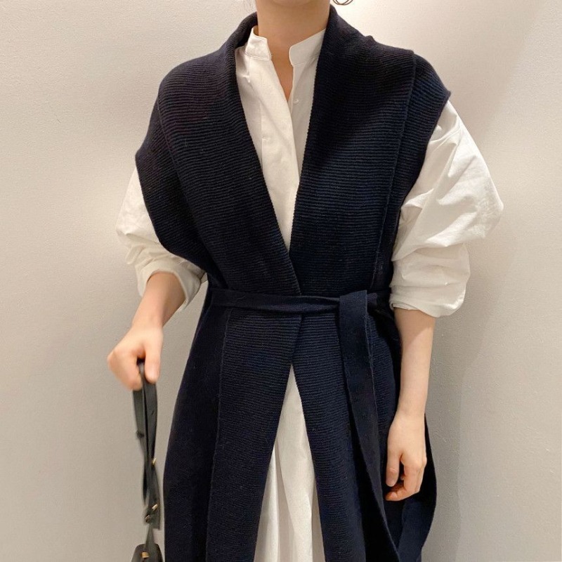 ワンピース デート かわいい 大人可愛い きれいめ シンプル カジュアル 大人 上品 おしゃれ ジレ ベスト ロング丈 長袖シャツ 襟付き 秋 春 無地 ニット ウエストマーク 通勤 通学 オフィス