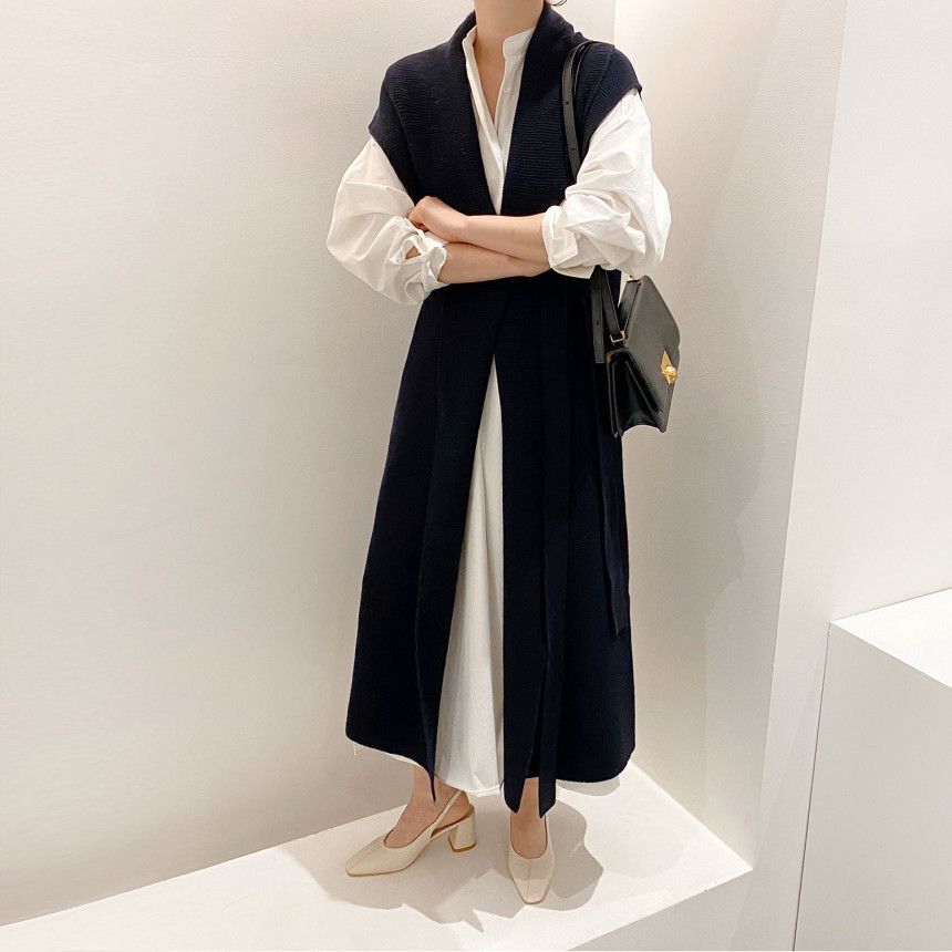 ワンピース デート かわいい 大人可愛い きれいめ シンプル カジュアル 大人 上品 おしゃれ ジレ ベスト ロング丈 長袖シャツ 襟付き 秋 春 無地 ニット ウエストマーク 通勤 通学 オフィス