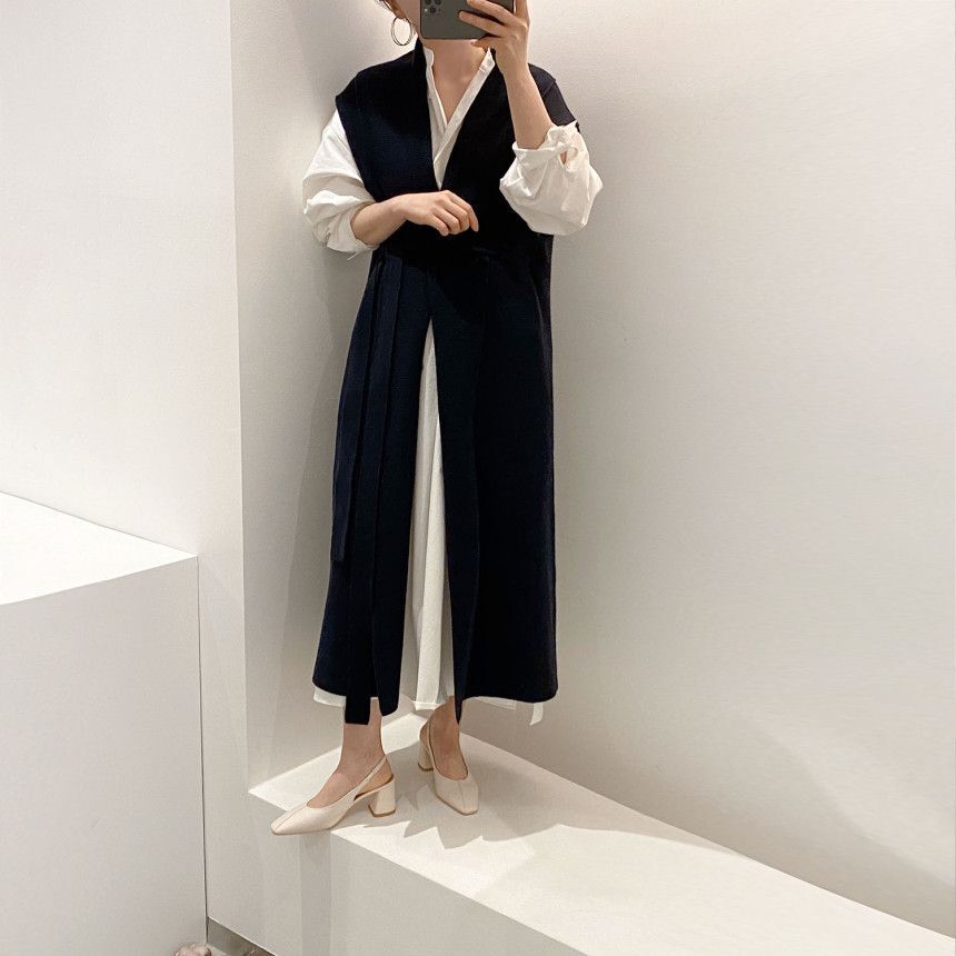 ワンピース デート かわいい 大人可愛い きれいめ シンプル カジュアル 大人 上品 おしゃれ ジレ ベスト ロング丈 長袖シャツ 襟付き 秋 春 無地 ニット ウエストマーク 通勤 通学 オフィス