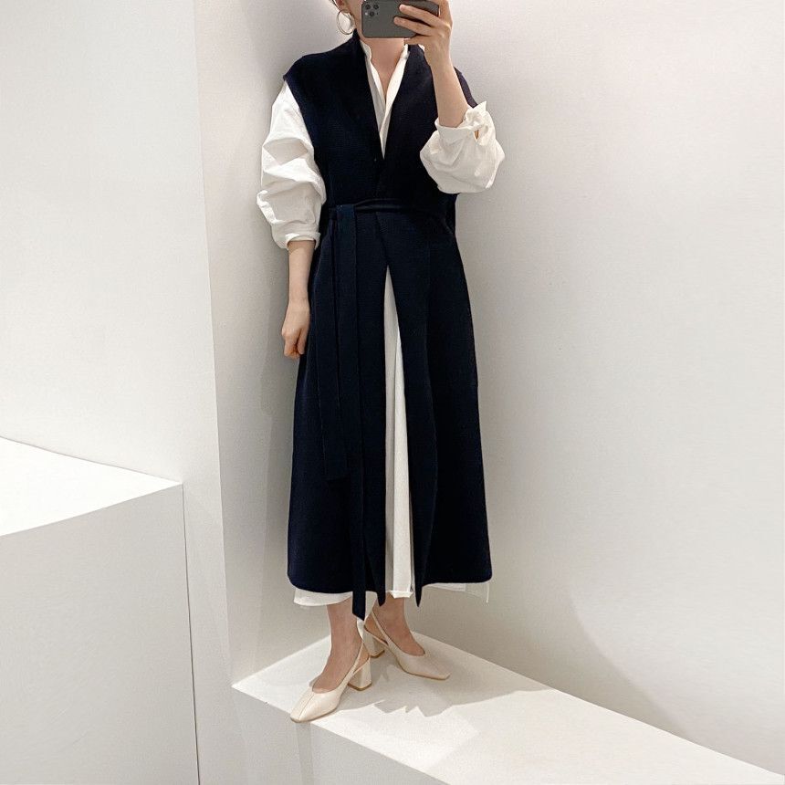 ワンピース デート かわいい 大人可愛い きれいめ シンプル カジュアル 大人 上品 おしゃれ ジレ ベスト ロング丈 長袖シャツ 襟付き 秋 春 無地 ニット ウエストマーク 通勤 通学 オフィス