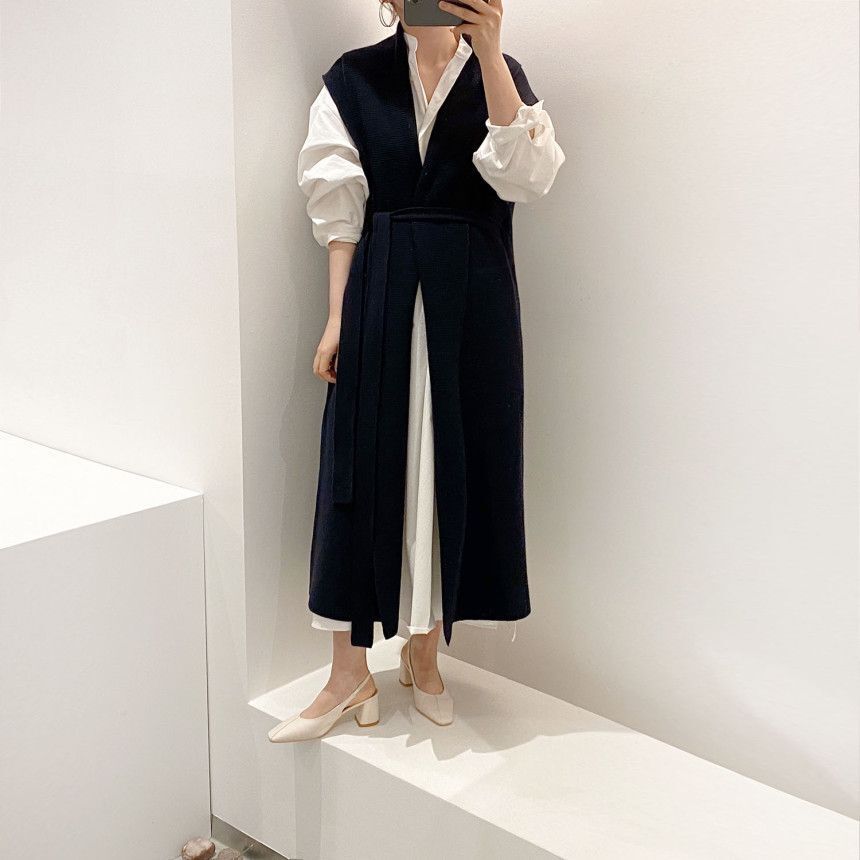 ワンピース デート かわいい 大人可愛い きれいめ シンプル カジュアル 大人 上品 おしゃれ ジレ ベスト ロング丈 長袖シャツ 襟付き 秋 春 無地 ニット ウエストマーク 通勤 通学 オフィス