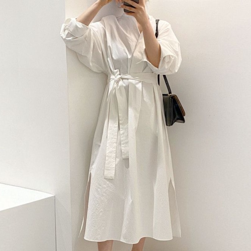 ワンピース デート かわいい 大人可愛い きれいめ シンプル カジュアル 大人 上品 おしゃれ ジレ ベスト ロング丈 長袖シャツ 襟付き 秋 春 無地 ニット ウエストマーク 通勤 通学 オフィス