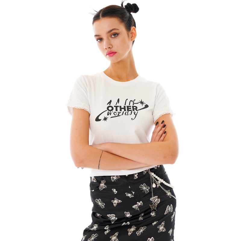 [IVE レイ 着用] [other-worldly] logo lace crop tee クロップド丈 トップス 半袖 Tシャツ 韓国 アイドル