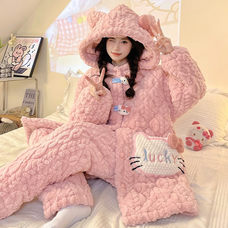 3層の綿入れ入りスリーパー女性冬カバラ秋冬厚手加絨2024フランネル部屋着 3層の綿入れ入りスリーパー女性冬カバラ秋冬厚手加絨2024フランネル部屋着