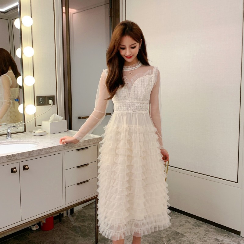 2025春と秋の水玉メッシュハイウエストロングスカート薄いレースピースケーキドレス女性 母の日-0009745 2025春と秋の水玉メッシュハイウエストロングスカート薄いレースピースケーキドレス女性 母の日-0009745