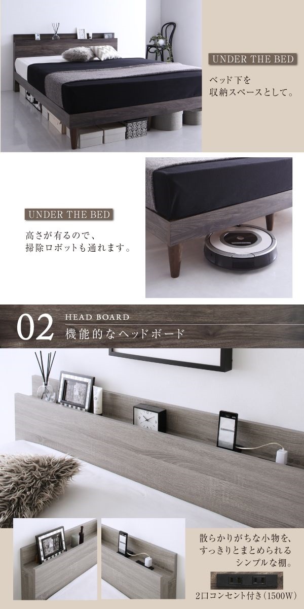 [組立設置付]棚付 すのこベッド [グレイスター] スタンダードボンネルコイルマットレス付 セミダブル ダークグレー [マットレス]黒