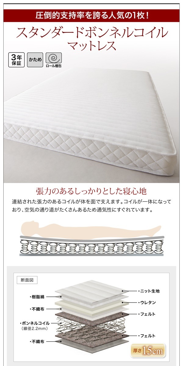 [組立設置付]棚付 すのこベッド [グレイスター] スタンダードボンネルコイルマットレス付 セミダブル ダークグレー [マットレス]黒
