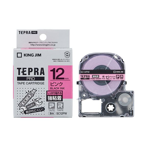 (まとめ) キングジム テプラ PRO テープカートリッジ 強粘着 12mm ピンク／黒文字 SC12PW 1個 (×10セット)