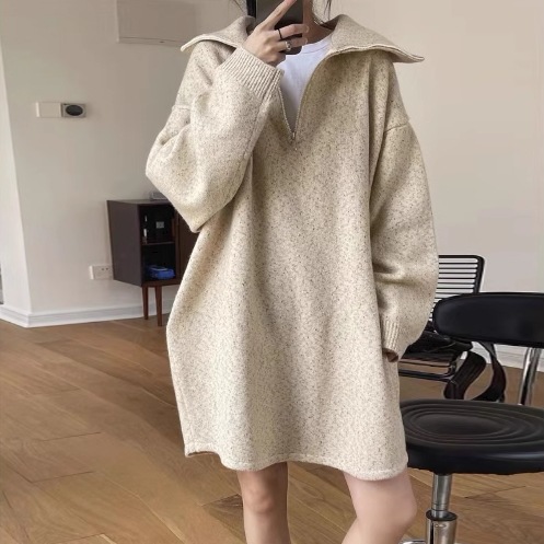 ワンピース 長袖 ニット ミックス ショート ハーフジップ ビッグカラー オーバーシルエット シンプル カジュアル ジップアップ TKOR0060 ワンピース 長袖 ニット ミックス ショート ハーフジップ ビッグカラー オーバーシルエット シンプル カジュアル ジップアップ TKOR0060